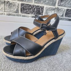 Coach Women's Black/Blue Wedge Sandals Size 9B