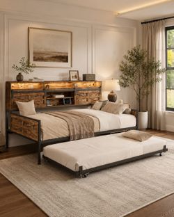 Twin Daybed with Trundle Bed, Rustic Farmhouse Daybed Frame with Sliding Barn Door Headboard LED Lights and Charging Station, Heavy Duty Metal Daybed 