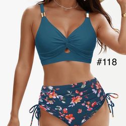 Yonique High Waisted Bikini - Two Piece Swimsuit For Women  Bathing Suit Twist Swimwear Teal And Floral