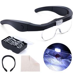 Headband Magnifier Rechargeable Magnifying Glass with LED Light Hands Free Magnifying Glass for Reading Interchangeable Magnification Lenses 1.5X 2.5X