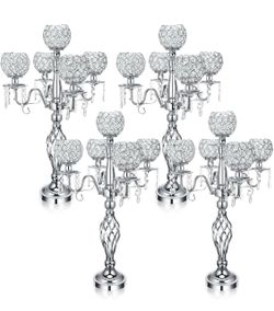 Nitial 6 Pcs 5 Arm Crystal Candelabra Centerpiece for Table 27 Inch, Silver Retro Victorian Crystal Candle Holders Bowl Crystal Centerpieces Table Dec