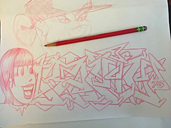 WildStyle graffiti sketch, red pencil outline, 8.5 x 11