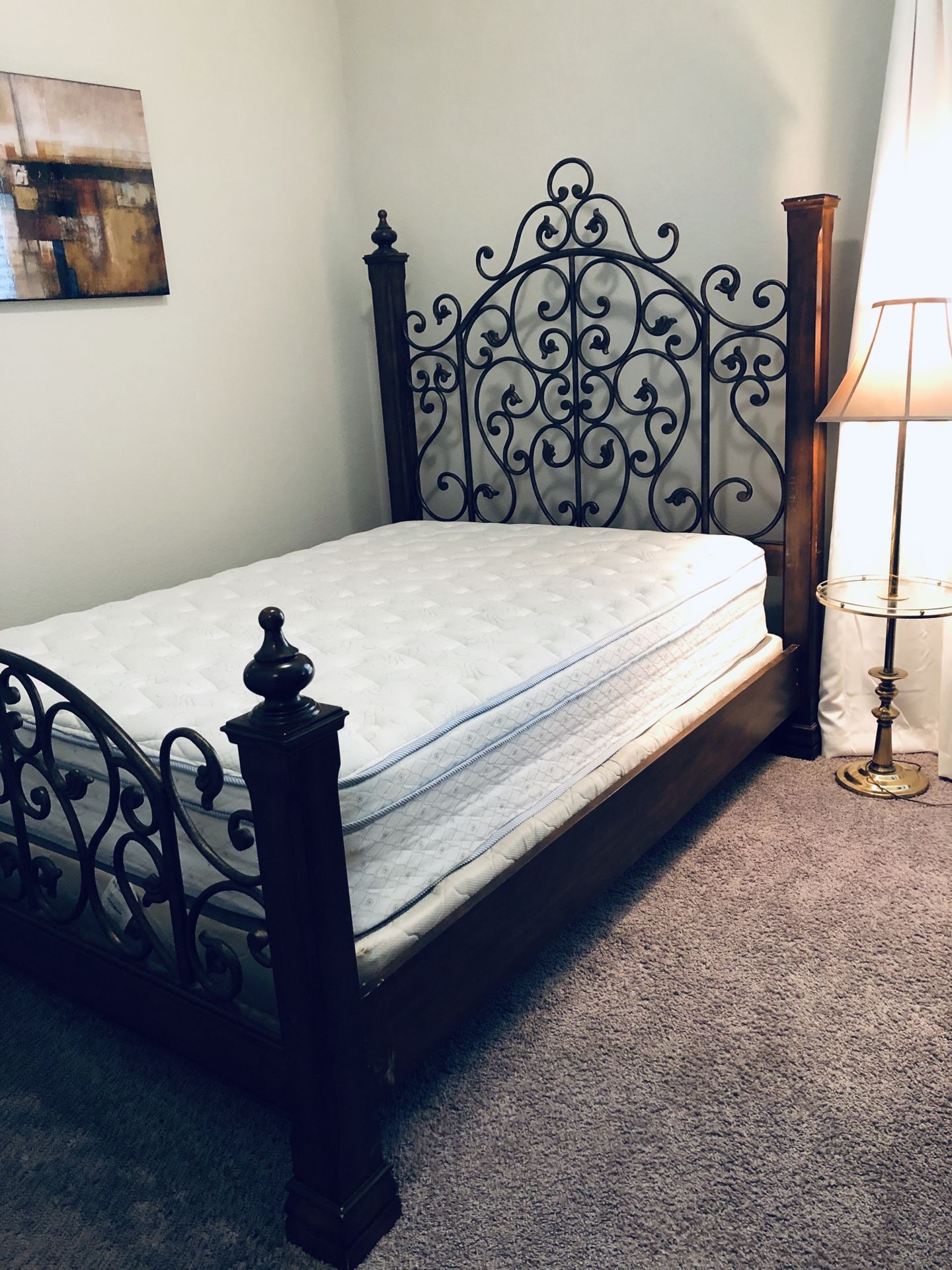 Queen bed, mattress, box spring, dresser, and mirror