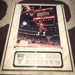 Autographed 8 x 10 Michael Jordan Eloquently Displayed On A Beautiful Plaque In Action During A Slam Dunk Tournament Epic Moment