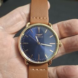 Gianello Men's "East Side" Whipstitch Leather Strap Watch, Rose Goldtone W/ Blue Dial, Italian Design, Japan Movt, New Battery Works Perfectly 