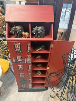 Red Hand-Painted Decorative Wood Cabinet