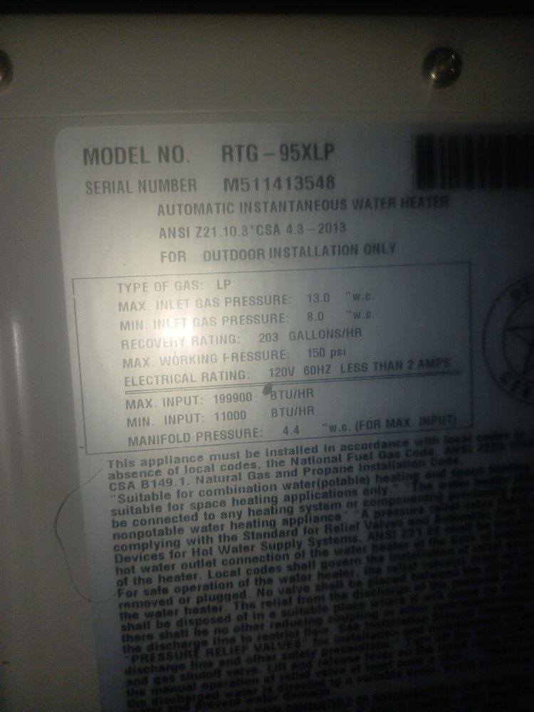 Rheem Propane On Demand Water Heater. for Sale in Tampa, FL OfferUp