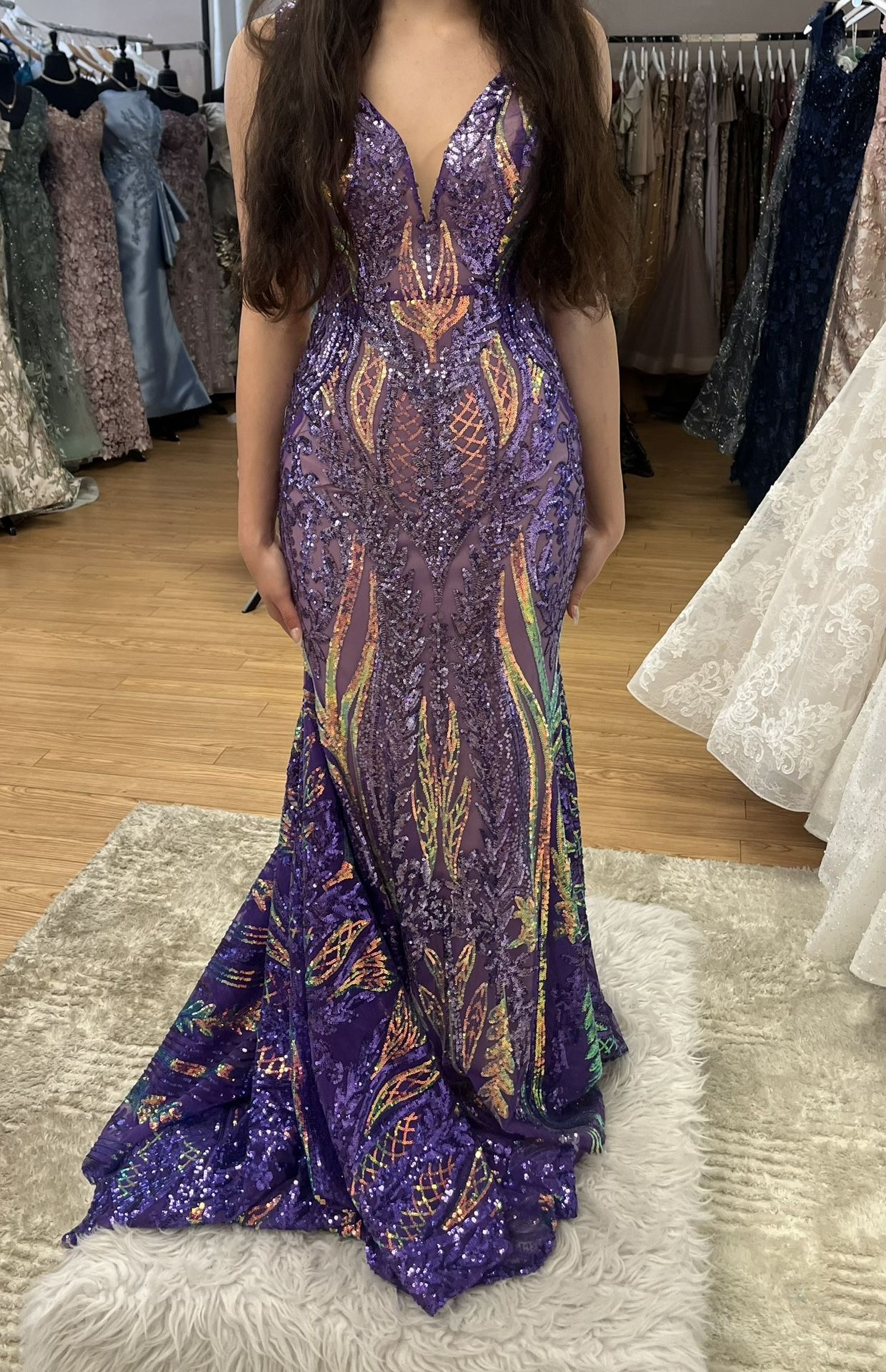 Jovani Purple Multi Color Sequin Long Dress Size 0