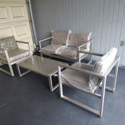 Outdoor patio 4 piece conversation set, loveseat with 2 chairs and coffee table 