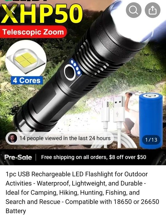 1pc USB Rechargeable LED Flashlight for Outdoor Activities - Waterproof, Lightweight, and Durable - Ideal for Camping, Hiking, Hunting, Fishing, and S