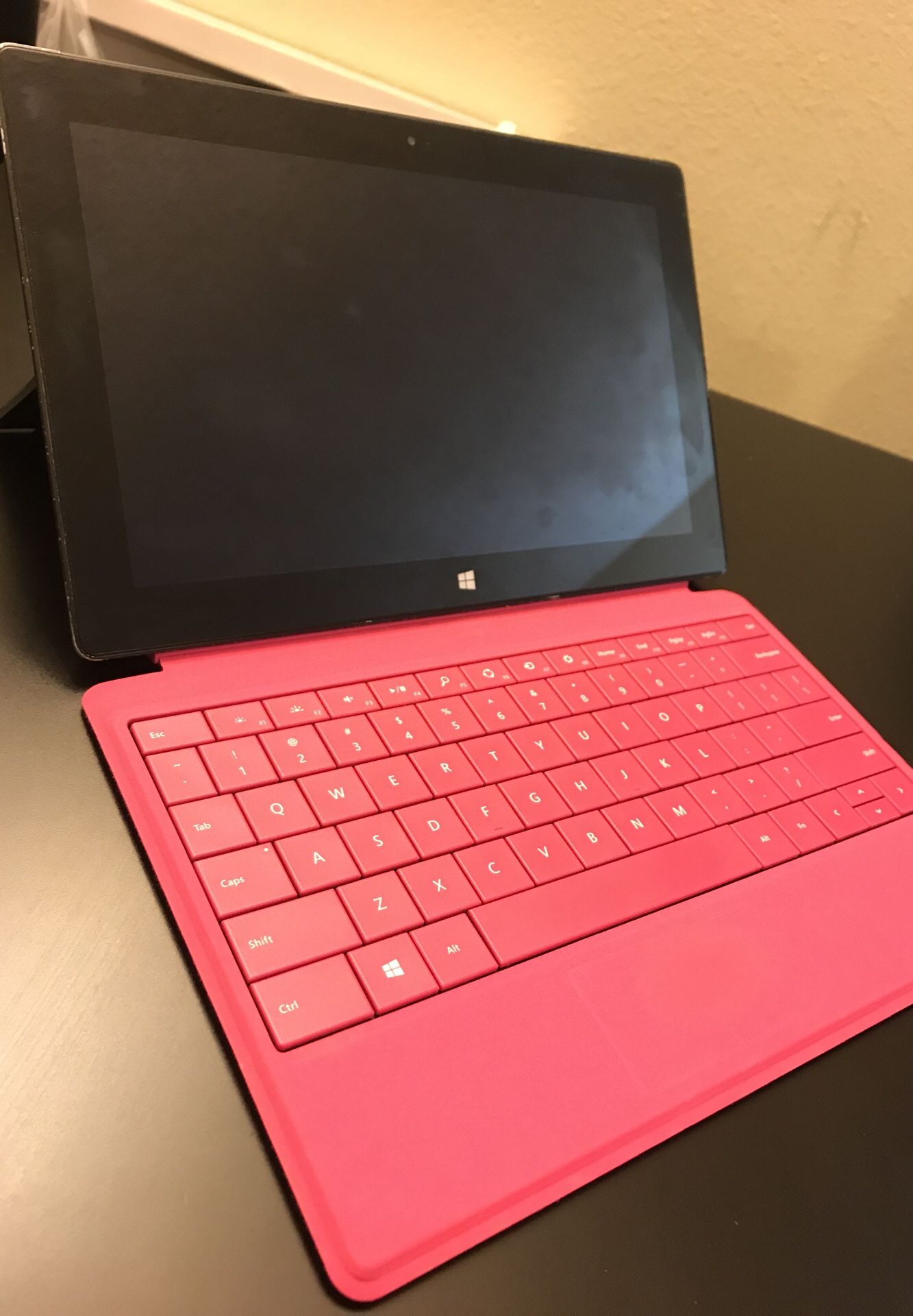 Microsoft surface pro 2 black “touch screen” with pink keyboard, pen, and charger