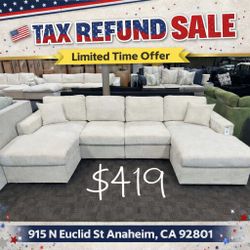 Ivory corduroy double chaise sectional sofa 122"W X 60"D X 35"H