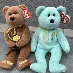 Ty Beanie Baby Ariel In Memory 1(contact info removed) & Bandage Get Well Soon Bear Jaune Rose