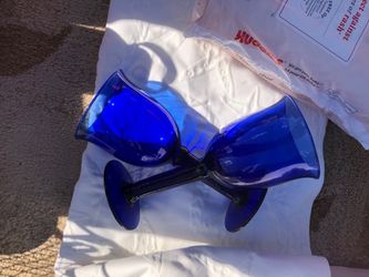 Two very large cobalt blue water goblets