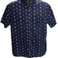 Descendant NYC Men’s Slim Fit Button-Down Shirt - Navy Blue Anchor Print, Size L