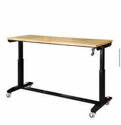 62 in. W × 24 in. D Adjustable Height Black Workbench Table with Solid Wood Top