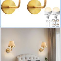 Battery Operated Rattan Wall Sconces Set of Tow, Wireless Rechargeable Battery Powered Wall Light with Grass-Woven Lampshade for Bedroom Living Room H