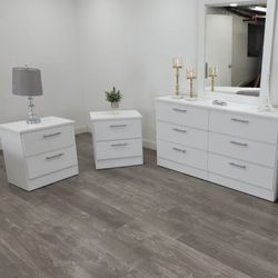 Dresser Whit Mirror And 2 Nightstands - Cómoda Con espejo Y 2 Mesitas De Noche 