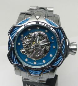 Men's 50mm Automatic Mechanical Skeleton Dragon Dial Watch Exhibition Clear Back