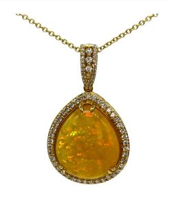 Authentic Effy Necklace 10.34ctw Diamond & Opal Pear Pendant 18K Yellow Gold