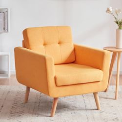 Tbfit Linen Fabric Accent Chair, Mid Century Modern Armchair for Living Room, Bedroom Button Tufted Upholstered Comfy Reading Accent Chairs Sofa(Yello