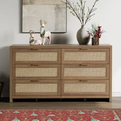 SICOTAS Rattan Dresser for Bedroom, 57" Wide 6 Drawer Dresser Dressers with Ample Storage, Large Chest of Drawers, Closet, Boho TV Stand for Bedroom, 