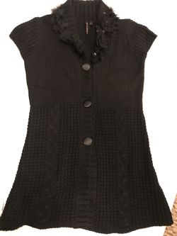 Ladies size s small black fur rhinestone collar long sweater Allie & rob