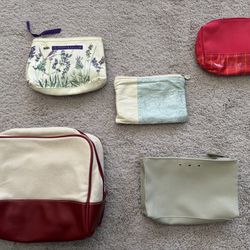 Cosmetic/Toiletry Bags, lot of 5, new/excellent condition, 8x10x3 to 7x5x1, canvas, vinyl and fabric construction.  3 Estée Lauder bags, 1 Crabtree & 