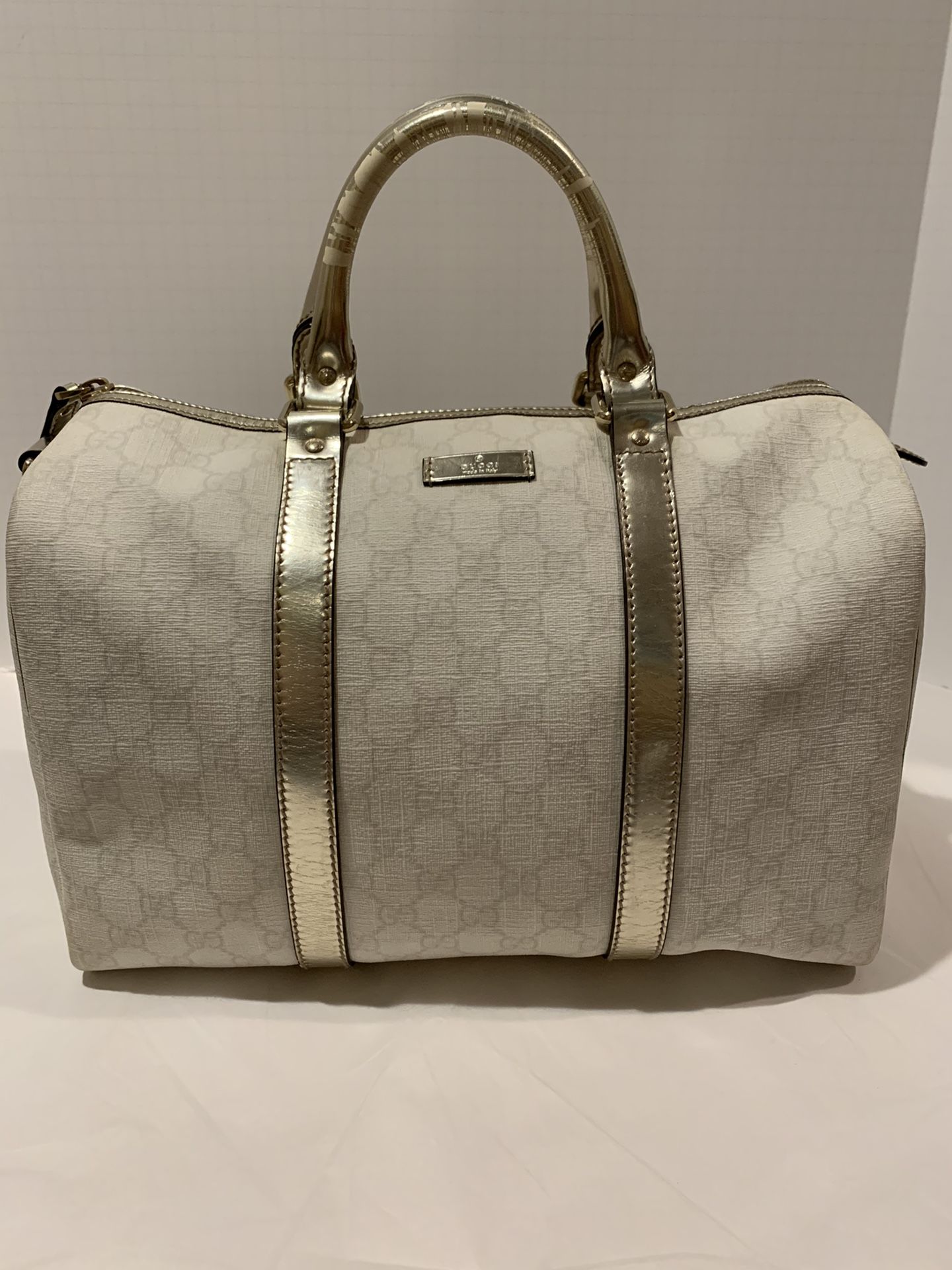 Gucci Joy Boston Bag in ivory pewter coated canvas tote satchel