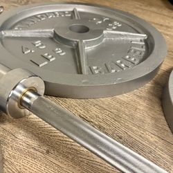 Full set of CAP Gray Olympic Weight Plates in NEW Condition & Brand NEW 6 ft Bar Steel Bar With Cooper Bearings [ Total 287 lbs]. I
