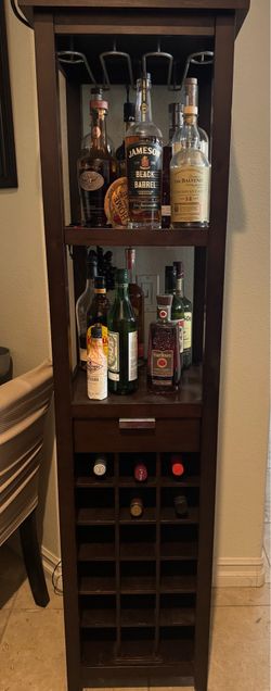 Moving sale! Crate and Barrel wood  liquor,wine and glass tower