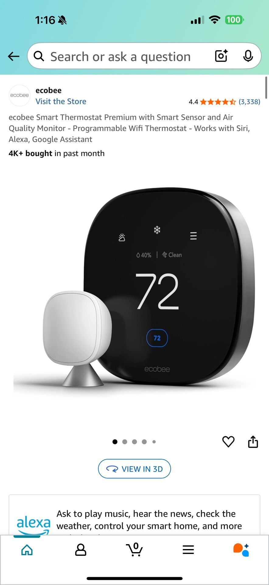 ecobee Smart Thermostat Premium with Smart Sensor and Air Quality Monitor - Programmable Wifi Thermostat - Works with Siri, Alexa, Google Assistant