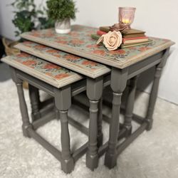Rustic Floral Wood Nesting Tables