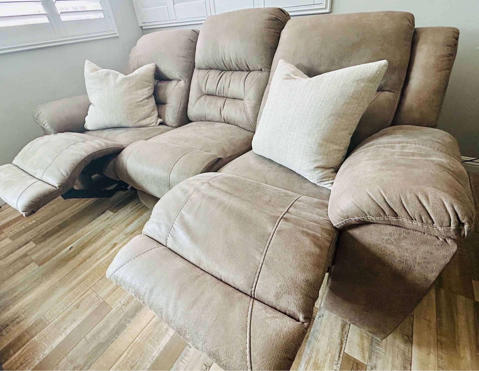 Modern Reclining Sofa – Taupe Microfiber/ Faux Leather