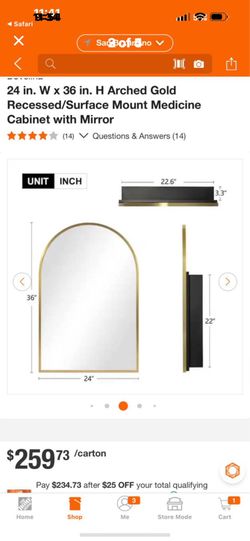24 in. W × 36 in. H Arched Gold Recessed/Surface Mount Medicine Cabinet with Mirror