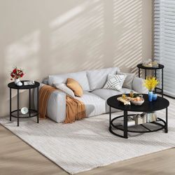 Round Coffee Table and End Table Set of 3 with Storage, Modern Vintage Black Coffee Table and Side Table for Living Room, Office, Apartment,
