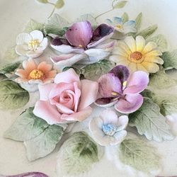 Vintage Lefton China Wall Decor Colorful 3-D Porcelain Flowers Plaque 7”x5.25”