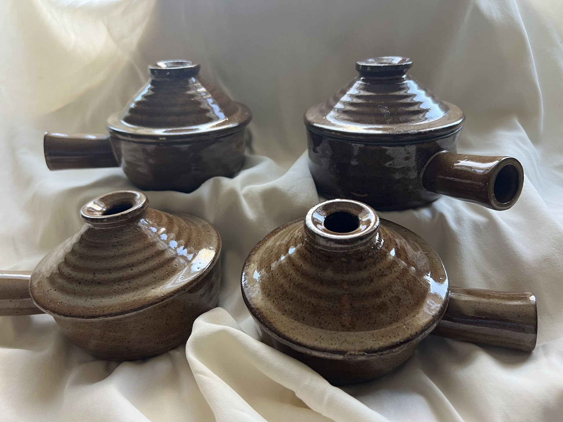 Vintage Brown Speckled Stoneware Soup bowls With Handle And Vented Cover