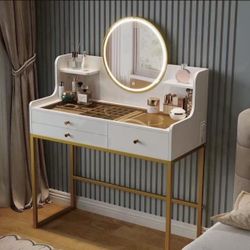 Makeup Vanity Desk with Mirror and Lights, Glass Top Vanity Desk with 3 Drawers & 2 Storage Shelves, Bedroom Dressing Table with Power Outlet, 3 Light