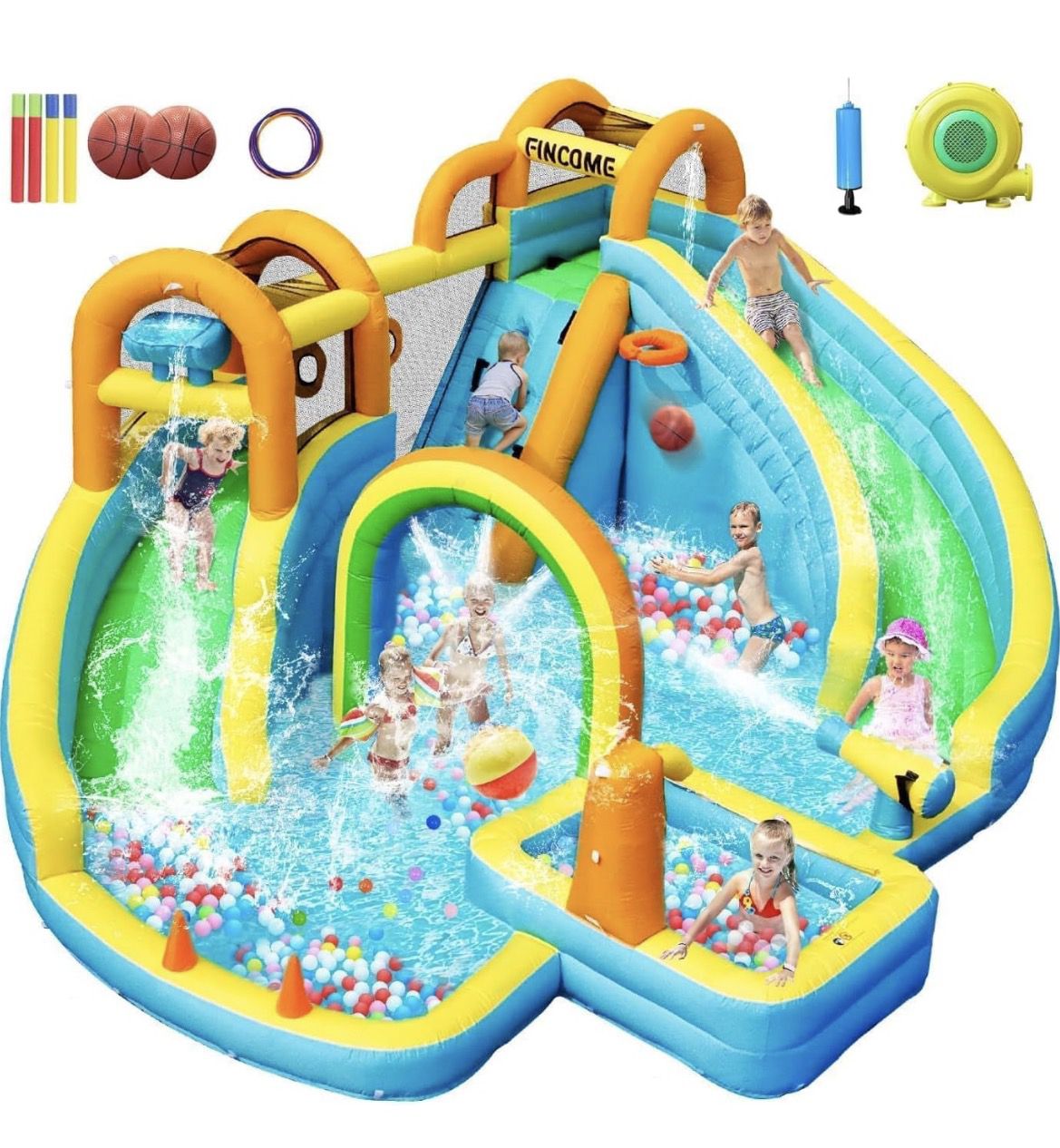 Inflatable Water Slide, Bounce House with 2 Slide for Kids, Inflatable Waterslide Park with Splash Pool, Basketball Hoop, Ball Shooting & Water Cannon