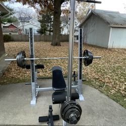 Olympic Bench, Bar, & Weight Set with Squat, Lat, Leg, & Preacher Curl