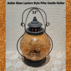 VINTAGE AMBER GLASS LANTERN STYLE PILLAR CANDLE HOLDER 
