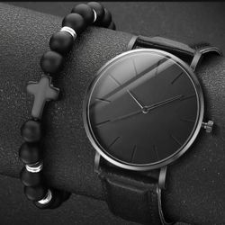 Black Goth analogue watch with black beaded bracelet set Punk Emo Boho Grunge  Style, Round Face with Faux Leather Strap, Alloy Case , Watches Jewelry
