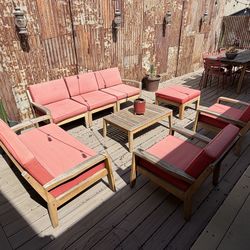 7 Person Outdoor Patio Furniture Seating Group Red Cushion Wood Set