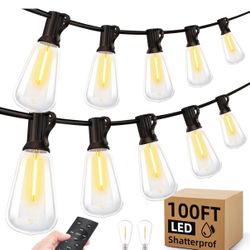 Outdoor String Led Patio Lights - 100Ft 30M Outside Waterproof Light With Remote Dimmable ST38 Shatterproof Bulb Connectable Hanging Outdoor Electric 