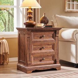 Farmhouse 26" Tall Nightstand with Charging Station, 23.6" End Table with 3 Drawers Storage, Wood Side Table w/Roman Column, Bedside Cabinet for Bedro