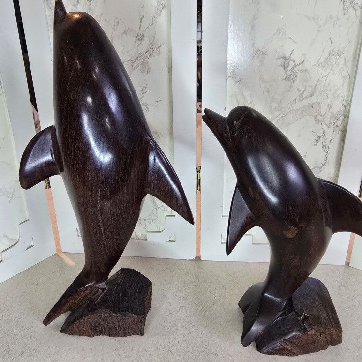 Pair of Vintage Hand Carved Ironwood Dolphins