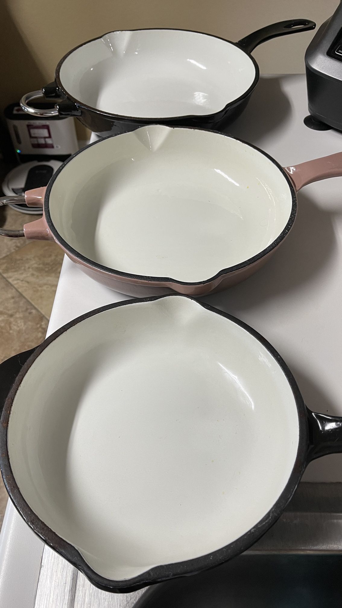 Set of 3 Enameled Cast Iron Pans- 2 TLC Tim Love and 1 Cottage Collection