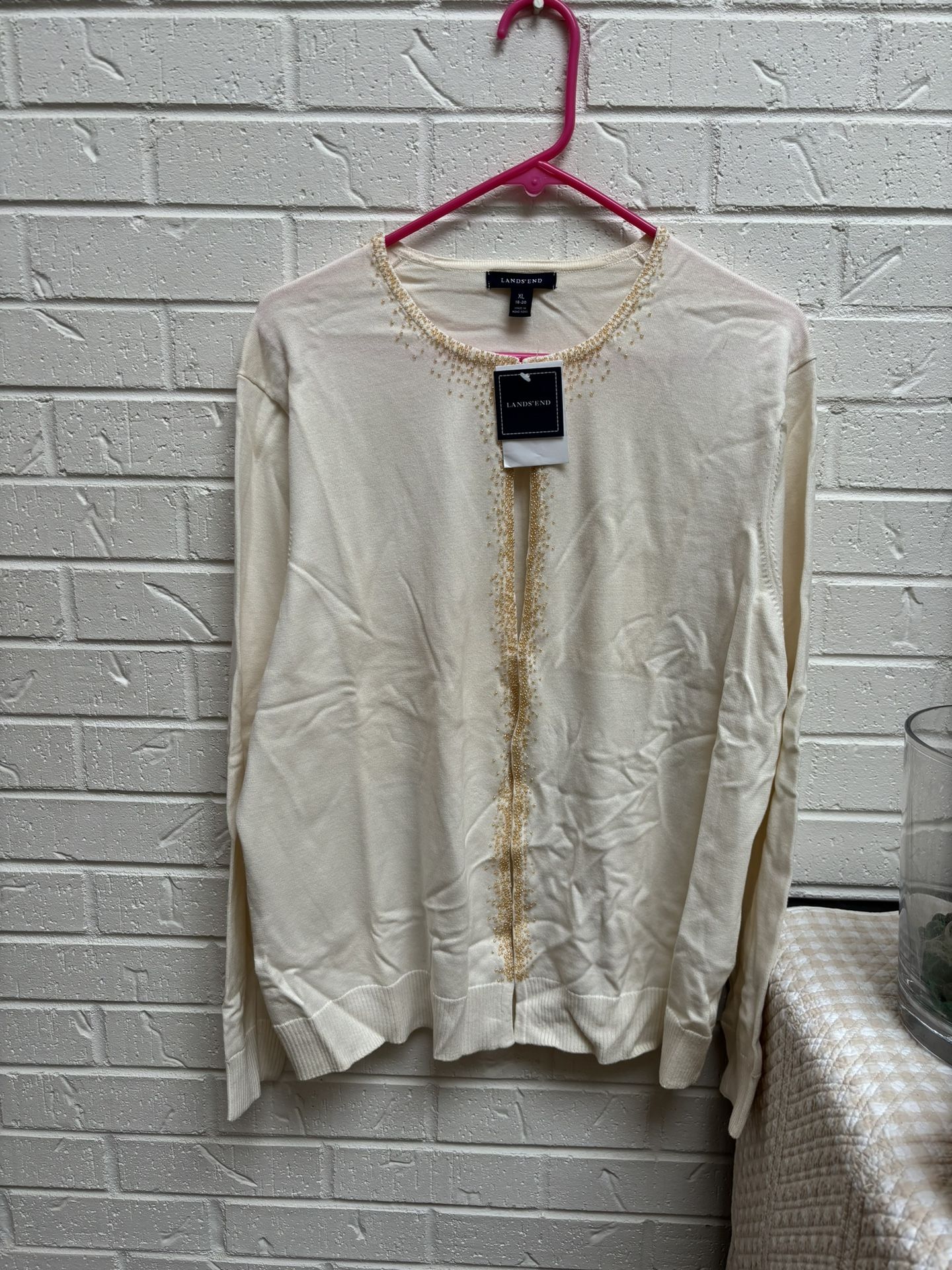 Land’s End NWT Women’s Cream Cotton Cardigan With Gold Beads Size Xl