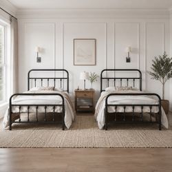 Set of 2pcs Twin Metal Bed Frame, Victorian Iron-Art Headboard, 450 lb Capacity, 12.6" Storage Space, No Box Spring Needed Black